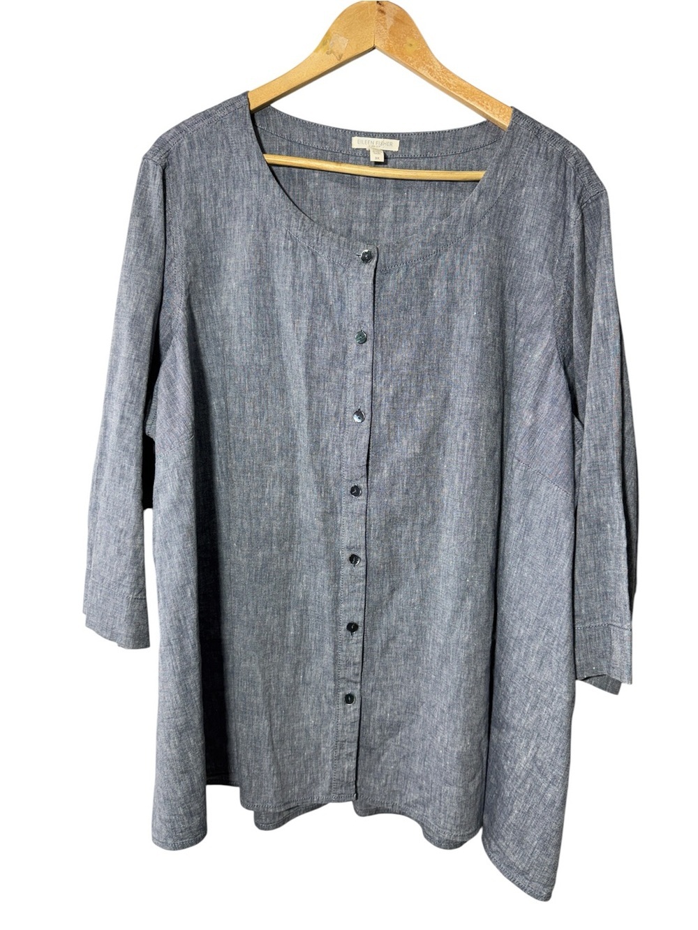 Eileen Fisher Grey Blue Linen Cotton Blend Button Front Blouse Size 3X
